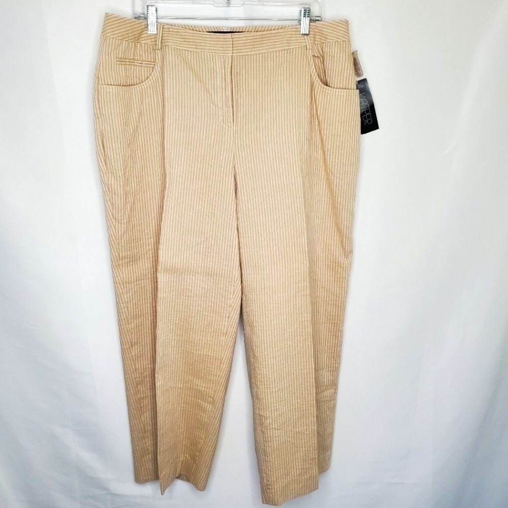 NEW Linen Cotton Striped Plus Size Pants Size 16W Kasper Ankle Trousers Office